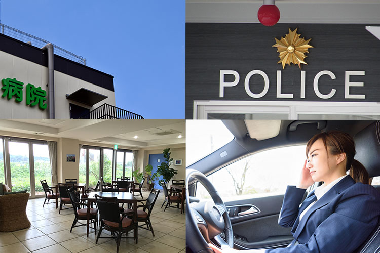 ご指定の場所へお迎えに参ります。 （病院・警察署・入居施設など）の説明写真（病院・警察署・入居施設・運転している女性が写っている）